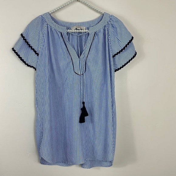 Ann Taylor LOFT Blue & White Stripe Layered Cuff Tassel Top XS - Picture 2 of 7